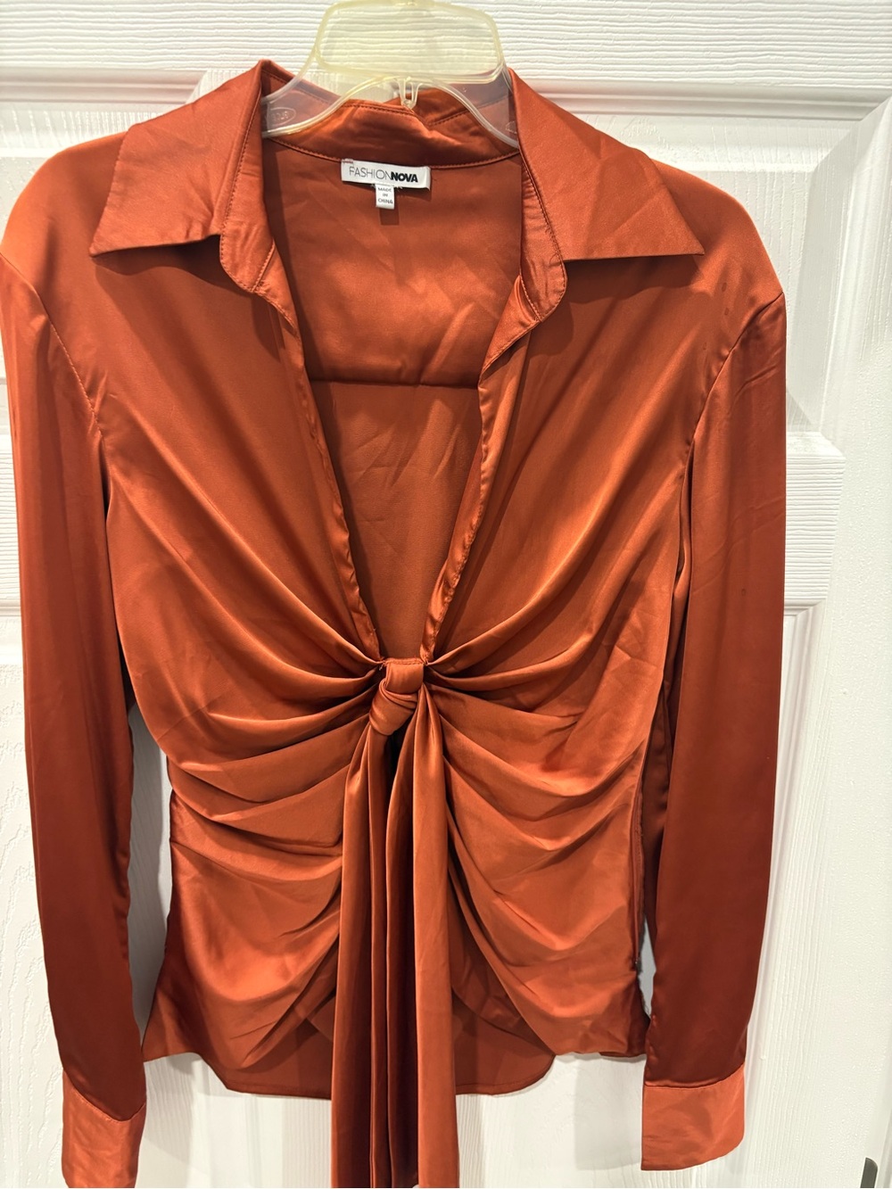 Fashion Nova Copper Satin Tie-Front Button Down Top